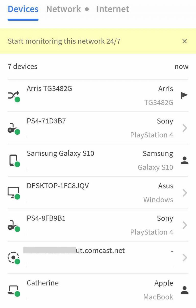 A screenshot of the Fing Android app showing all my wi-fi connected devices.