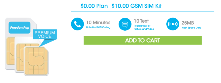 Screenshot of sign-up page for FreedomPop Free Plan and SIM Card