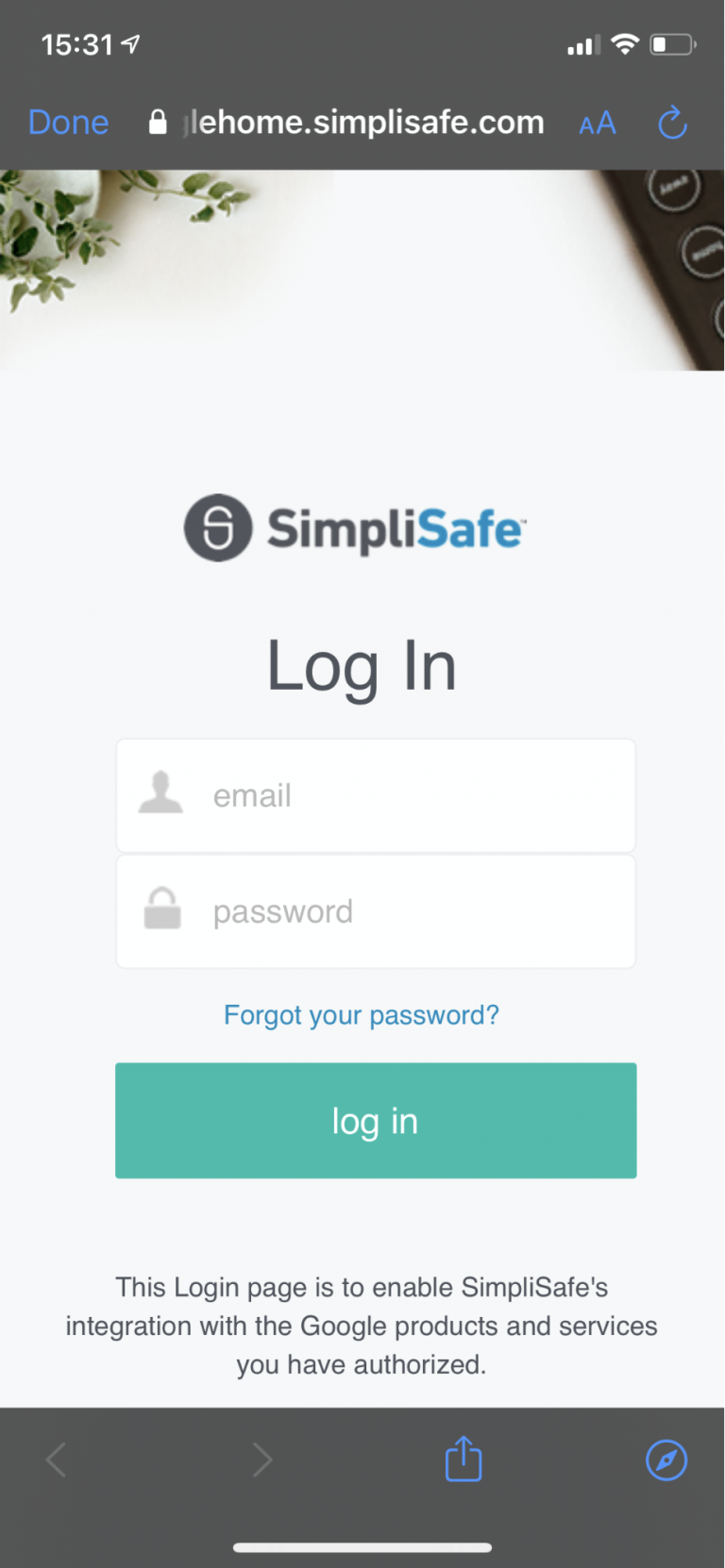 Screenshot of the Google Home app showing SimpliSafe login screen