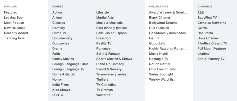 Tubi TV categories screenshot